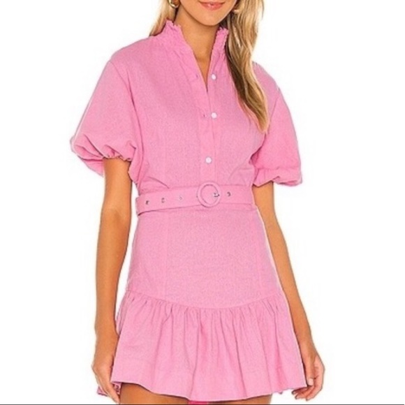 S/W/F Boutique x Anthropologie Violetta Med Pink Button Linen Mini Belted Dress - Picture 9 of 10